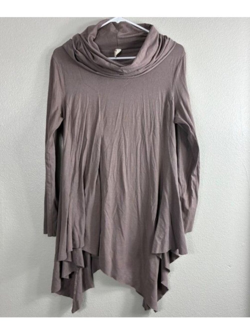 VTG Y2K Chalet Tunic S Taupe Bamboo Cowl Neck Asymmetric Lagenlook Art To Wear